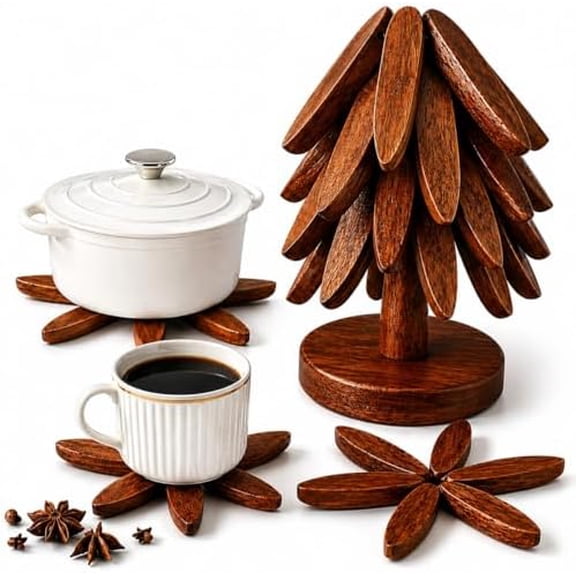 Tree-Shaped Wooden Trivet Set, Foldable Heat-Resistant Coasters for Kitchen