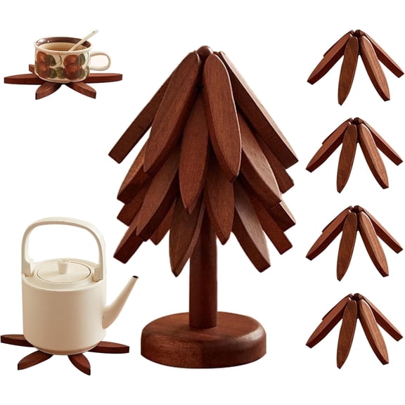 TreeShaped Wooden Trivet Set with Stand, 4Pack Foldable Natural Wood Hot Pot Coasters, AutoUnfurl HeatResistant Table Mats for Kitchen Decor & Housewarming Gift