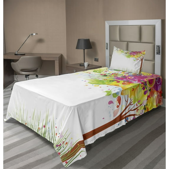 Ambesonne Art Fitted & Top Sheet Set with Sham, Color Bursting Tree of Life, Multicolor