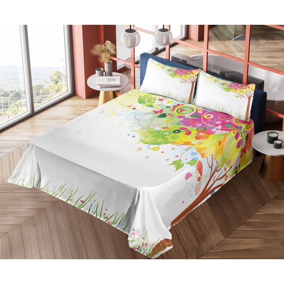 Ambesonne Art Fitted & Top Sheet Set with Shams, Color Bursting Tree of Life, Multicolor