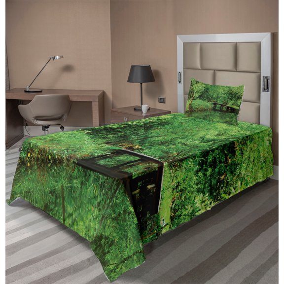 Ambesonne Spring Fitted & Top Sheet Set with Sham, Foliage Forest Woodsy, Green Brown