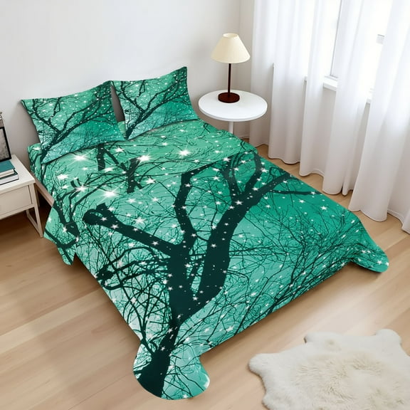 Ambesonne Tree Fitted & Top Sheet Set with Shams, Stars Bare Branches, Sea Green Dark Teal