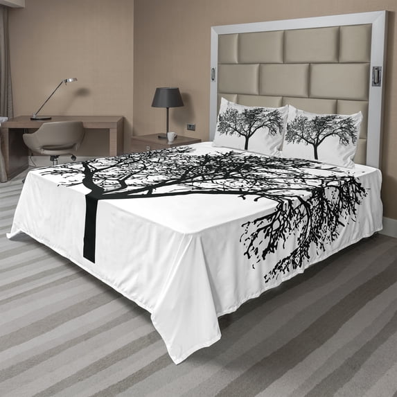 Ambesonne Tree Fitted & Top Sheet Set with Shams, Bare Branches Silhouette Art, Charcoal Grey White