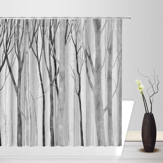 Tree Shower Curtain Abstract Gray Birch Tree Trunk Autumn Fall Forest Branch Nature Rustic Vintage Bathroom Decor Fabric Curtain with Hooks