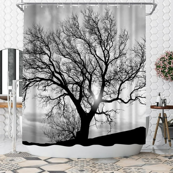 Tree Shower Curtain Black and White Shower Curtain Bathroom Decor Polyester Fabric, 72x72inch