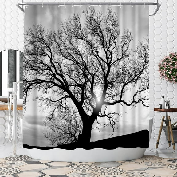 Tree Shower Curtain Black and White Shower Curtain Bathroom Decor Polyester Fabric, 72x72inch