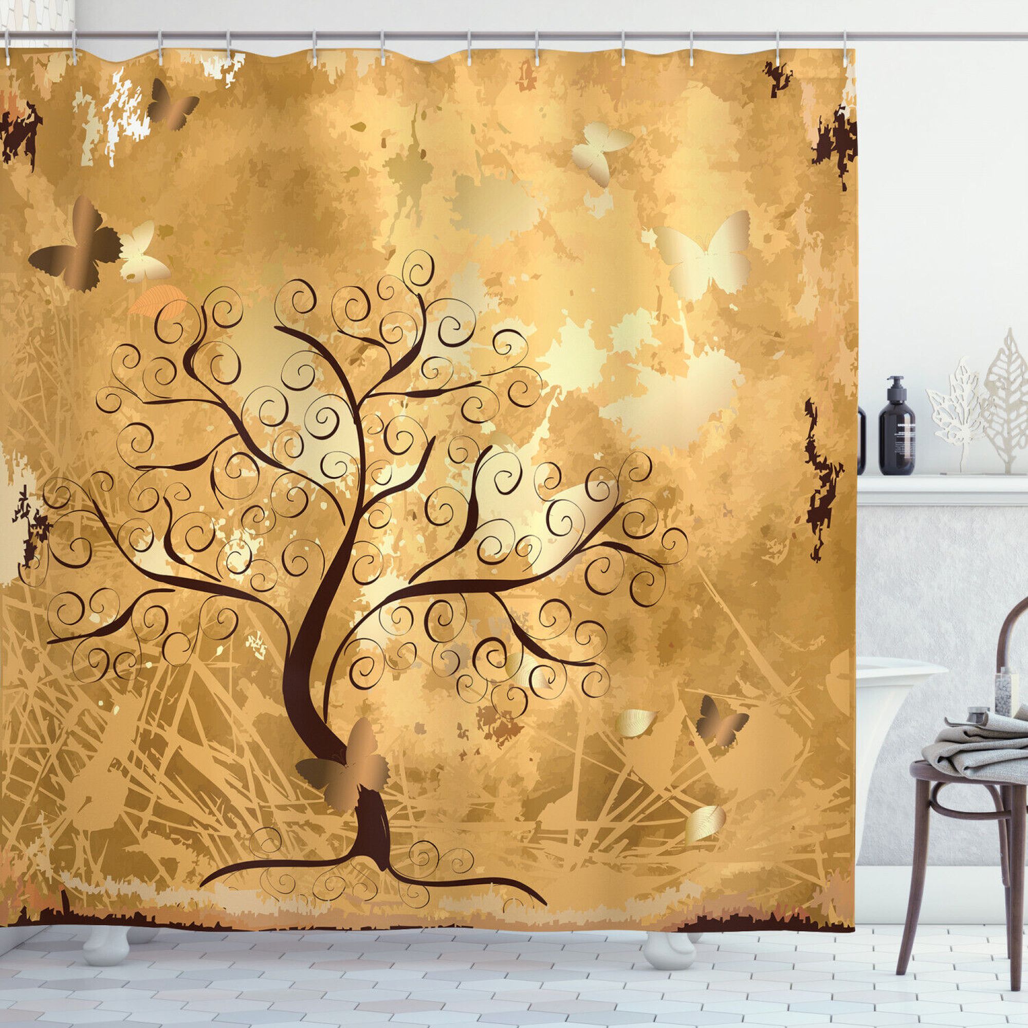 Tree Shower Curtain Branches and Butterfly Print for Bathroom