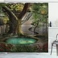 thumbnail image 1 of Tree Shower Curtain, Realistic Illustration of Enchanted Tree Fort and Lotus Flower on Pond, Fabric Bathroom Set with Hooks, 69W X 75L Inches Long, Green Brown and Jade Green, by Ambesonne, 1 of 3