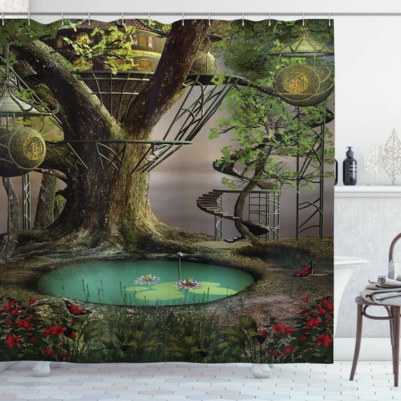 Tree Shower Curtain, Realistic Illustration of Enchanted Tree Fort and Lotus Flower on Pond, Fabric Bathroom Set with Hooks, 69W X 75L Inches Long, Green Brown and Jade Green, by Ambesonne