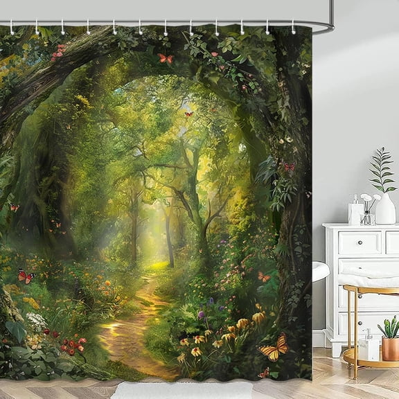 Tree Shower Curtain Spring Nature Garden Enchanted Forest Scene Bathroom Shower Curtain Green Tree Waterproof Fabric Shower Curtain Bathtub Decor with 12 Hooks 60x72 Inch