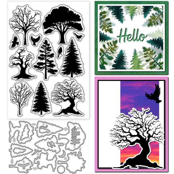 Tree Silhouette Clear Stamps and Metal Die Cuts Bird Silhouette Transparent Stamp Plants Cutting Dies for Card Making Embossing Scrapbooking