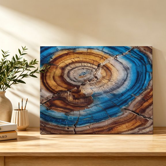 Tree Slices Canvas Wall Art, Abstract Rustic Blue Brown Overlapping Rings Wood Wall Art Prints Artwork Framed Canvas Ready to Hang Art Pictures for Bathroom Bedroom Entry Desk Corner 10" x 8"