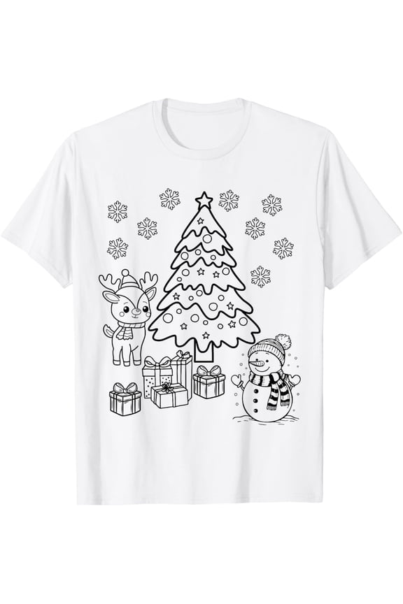 Tree Snowman DIY Coloring Merry Christmas Holiday T-Shirt, Size S-5XL