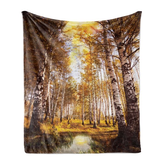 Tree Soft Flannel Fleece Blanket, Autumn Season Forest in Sun Rays near the River in Morning Idyllic View Print, Cozy Plush for Indoor and Outdoor Use, 50" x 60", Yellow Brown White, by Ambesonne