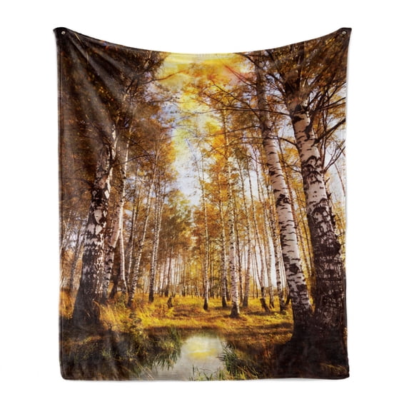 Tree Soft Flannel Fleece Blanket, Autumn Season Forest in Sun Rays near the River in Morning Idyllic View Print, Cozy Plush for Indoor and Outdoor Use, 60" x 80", Yellow Brown White, by Ambesonne