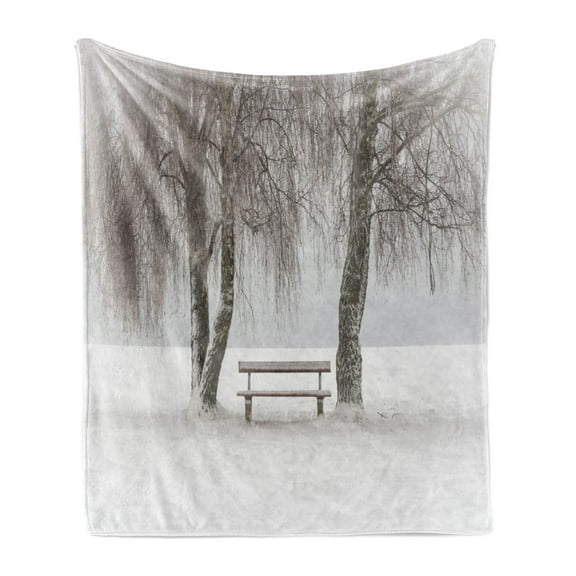 Tree Soft Flannel Fleece Blanket, Bench in the Snow Between Trees Winter Theme Picture Snowflakes Christmas Season Art, Cozy Plush for Indoor and Outdoor Use, 50" x 60", White Brown, by Ambesonne
