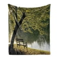 thumbnail image 1 of Tree Soft Flannel Fleece Blanket, Bench Under Timber Tree by Riverside Epic Countryside Rural Relaxing Resting Space Scenery, Cozy Plush for Indoor and Outdoor Use, 70" x 90", Green, by Ambesonne, 1 of 5