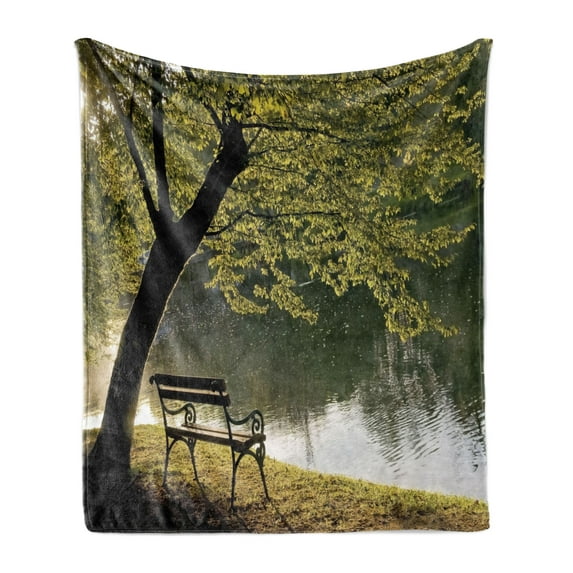 Tree Soft Flannel Fleece Blanket, Bench Under Timber Tree by Riverside Epic Countryside Rural Relaxing Resting Space Scenery, Cozy Plush for Indoor and Outdoor Use, 70" x 90", Green, by Ambesonne