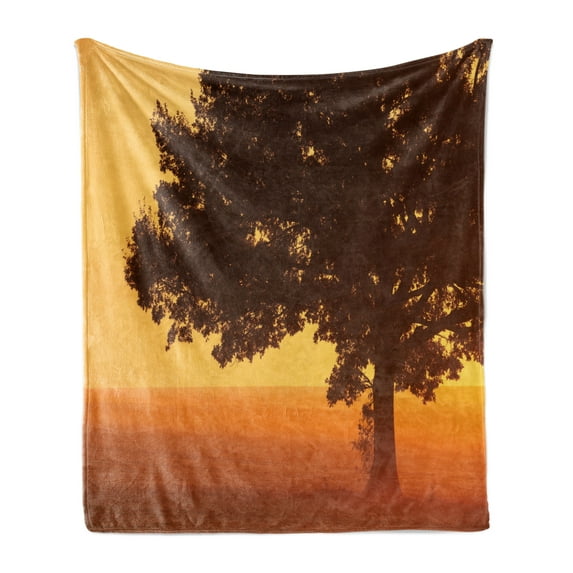 Tree Soft Flannel Fleece Blanket, Lonely Tree on the Field at Sunrise in Warm Color Countryside Foggy Morning Scenery, Cozy Plush for Indoor and Outdoor Use, 60" x 80", Brown Orange, by Ambesonne
