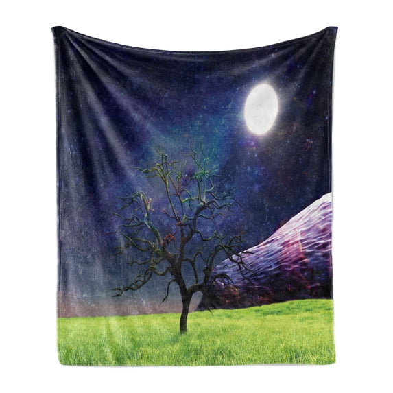 Tree Soft Flannel Fleece Blanket, Moon with a Tree Full Moon Galaxy Grass Creative Fantasy Style Illustration Print, Cozy Plush for Indoor and Outdoor Use, 60" x 80", Green and Navy, by Ambesonne