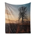 thumbnail image 1 of Tree Soft Flannel Fleece Blanket, Oak Tree Distant Hills at Sunrise Rural Landscape Autumn Sun Rays Grass Nature Theme, Cozy Plush for Indoor and Outdoor Use, 60" x 80", Brown Blue, by Ambesonne, 1 of 5