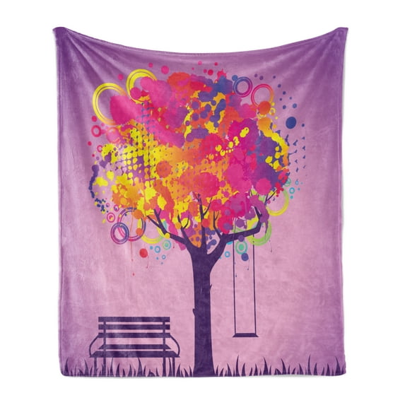 Tree Soft Flannel Fleece Blanket, Retro Picture of Graffiti Colorful Tree with Circle Patterns Swing Childhood Graphic, Cozy Plush for Indoor and Outdoor Use, 60" x 80", Multicolor, by Ambesonne