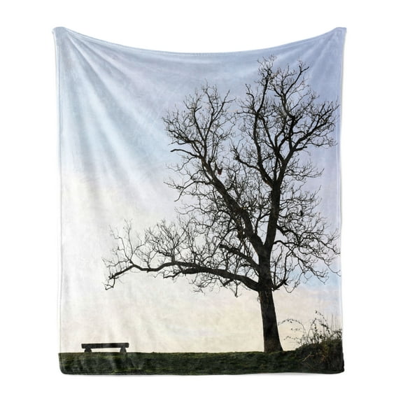 Tree Soft Flannel Fleece Blanket, Silhouette of a Bench and a Tree Against Pale Evening Sky in Winter Nature Landscape, Cozy Plush for Indoor and Outdoor Use, 50" x 60", Blue Brown, by Ambesonne