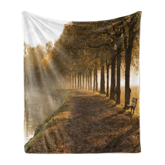 Tree Soft Flannel Fleece Blanket, Walkway at the Canal in Morning Mist Foggy Blurry Day Relaxing Spot in City Picture, Cozy Plush for Indoor and Outdoor Use, 70" x 90", Orange Brown, by Ambesonne