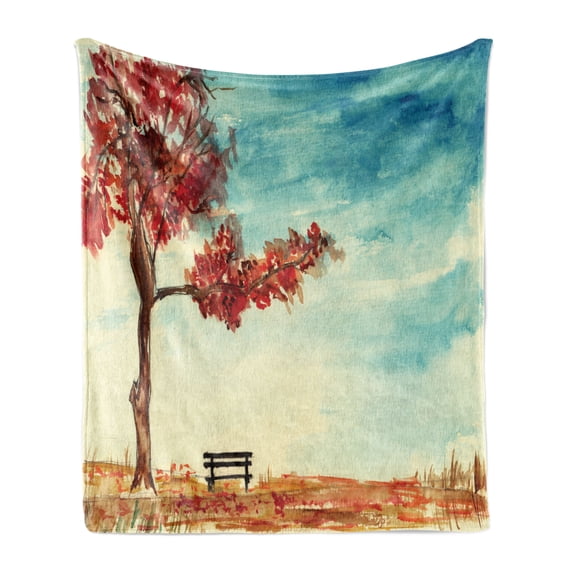 Tree Soft Flannel Fleece Blanket, Watercolors Design of a Tree and Bench Earth Ecological Protection for Future Image, Cozy Plush for Indoor and Outdoor Use, 50" x 60", Orange Blue, by Ambesonne