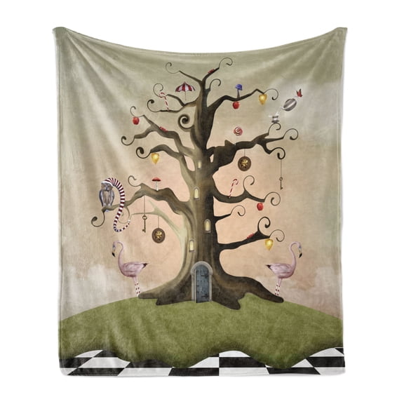 Tree Soft Flannel Fleece Blanket, Wonderland Themed Leafless Bole with Hipnotic Ornaments on Black White Checkered Floor, Cozy Plush for Indoor and Outdoor Use, 60" x 80", Multicolor, by Ambesonne
