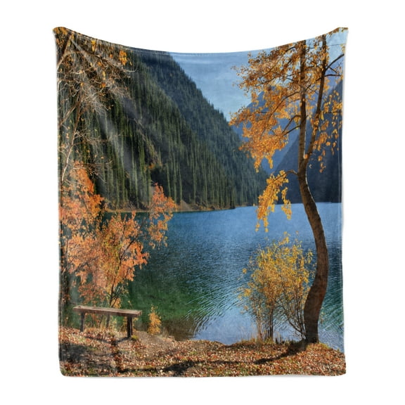 Tree Soft Flannel Fleece Throw Blanket, Autumn Season by Lake and Mountain Nature Theme Fall Trees in the Wilderness, Cozy Plush for Indoor and Outdoor Use, 50" x 60", Orange Green, by Ambesonne