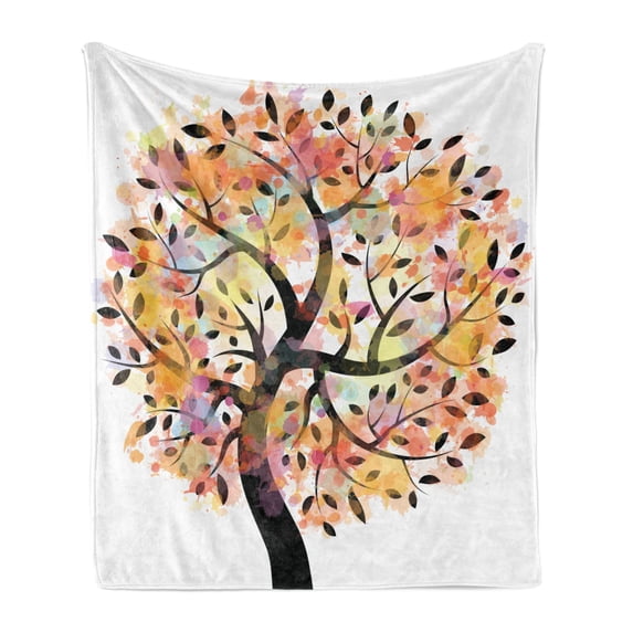 Tree Soft Flannel Fleece Throw Blanket, Colorful Spring Season Tree Leaves of Life Abstract Painting Pastoral Style Design, Cozy Plush for Indoor and Outdoor Use, 50" x 60", Multicolor, by Ambesonne
