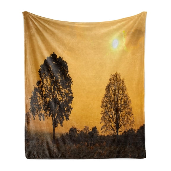 Tree Soft Flannel Fleece Throw Blanket, Desert Tree on Sunset Sunny Hot Summer Day Safari Horizon Scenery Picture Print, Cozy Plush for Indoor and Outdoor Use, 50" x 70", Orange Brown, by Ambesonne