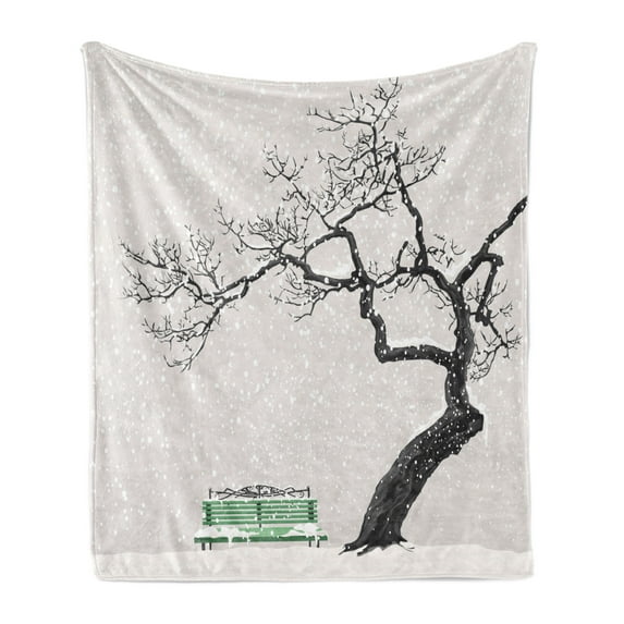 Tree Soft Flannel Fleece Throw Blanket, Dramatic Winter Scenery Retro Bench and Lonely Plant in a Cold Day, Cozy Plush for Indoor and Outdoor Use, 60" x 80", Charcoal Grey Sea Green, by Ambesonne