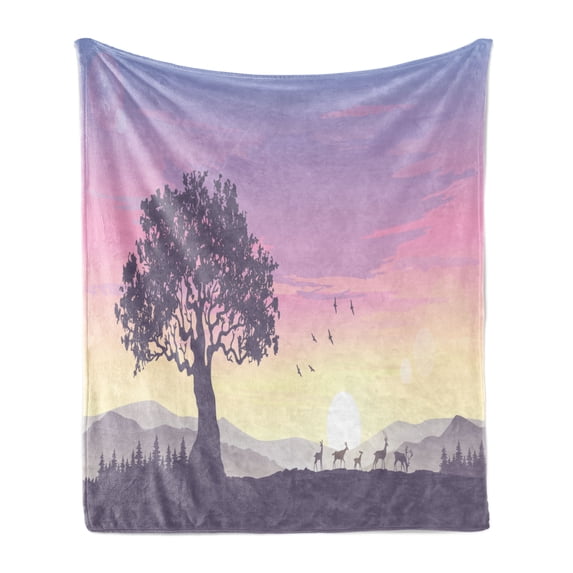 Tree Soft Flannel Fleece Throw Blanket, Dreamlike View on a Big Tree and Mountains and a Herd of Deer During Dawn, Cozy Plush for Indoor and Outdoor Use, 60" x 80", Multicolor, by Ambesonne