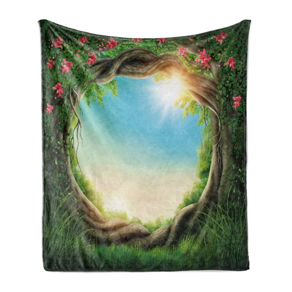 Tree Soft Flannel Fleece Throw Blanket, Enchanted Forest in Spring Fresh Growth Foliage Blossoms Fairytale Fantasy, Cozy Plush for Indoor and Outdoor Use, 50" x 60", Green Pink Cocoa, by Ambesonne