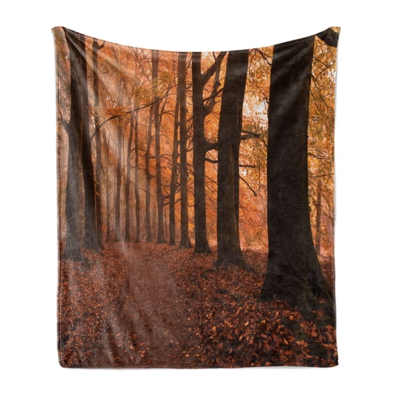 Tree Soft Flannel Fleece Throw Blanket, Fall Season Hiking Walkway in the Enchanted Forest Autumn Colors, Cozy Plush for Indoor and Outdoor Use, 50" x 60", Dark Orange Dark Brown, by Ambesonne