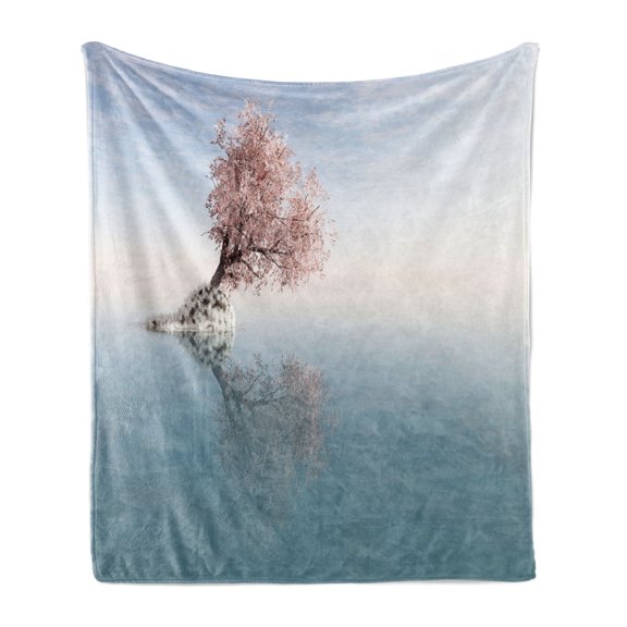 Tree Soft Flannel Fleece Throw Blanket, Flower Tree in the Middle of Lake with Reflection in the Water Scenic View, Cozy Plush for Indoor and Outdoor Use, 50" x 60", Teal Pink, by Ambesonne