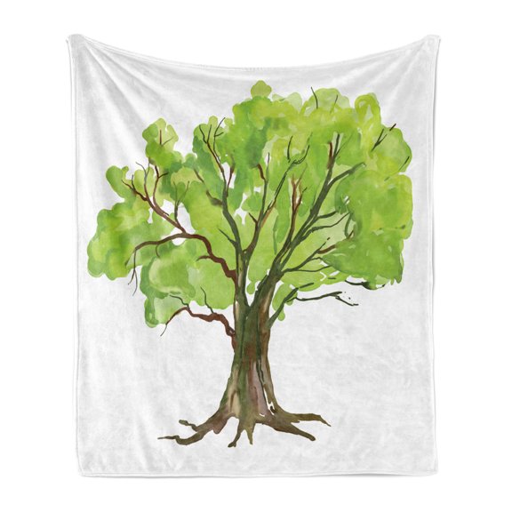 Tree Soft Flannel Fleece Throw Blanket, Green Tree Illustration Hand-drawn Style Painted in Watercolors, Cozy Plush for Indoor and Outdoor Use, 60" x 80", Apple Green Redwood, by Ambesonne