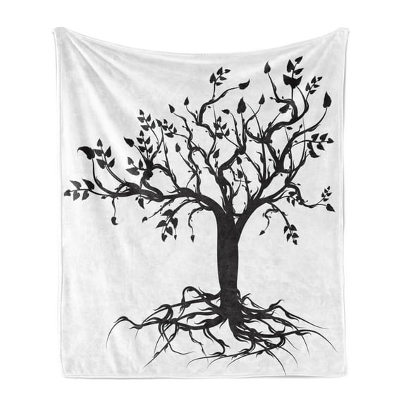 Tree Soft Flannel Fleece Throw Blanket, Monochromatic of Nature Silhouette with Branches and Leaves, Cozy Plush for Indoor and Outdoor Use, 50" x 60", Charcoal Grey and White, by Ambesonne