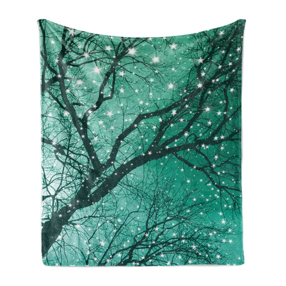 Tree Soft Flannel Fleece Throw Blanket, Monochrome Illustration of Stars with Winter Bare Branches, Cozy Plush for Indoor and Outdoor Use, 50" x 60", Sea Green Dark Teal, by Ambesonne