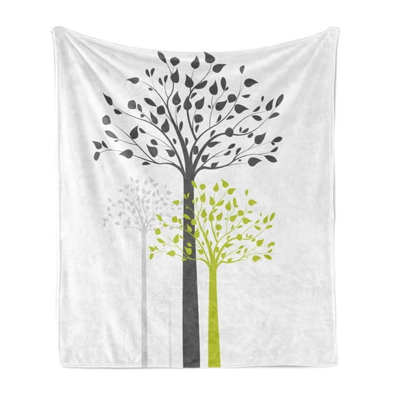 Tree Soft Flannel Fleece Throw Blanket, Mother Nature Theme Fresh Trees Leaves Pattern Ecology and Growth Theme, Cozy Plush for Indoor and Outdoor Use, 50" x 70", Pale Green White, by Ambesonne