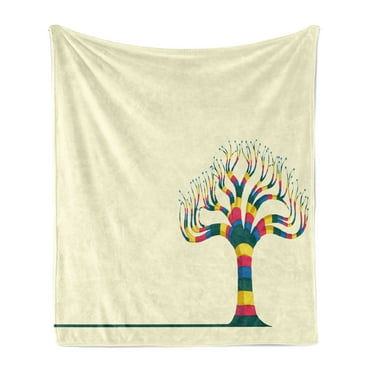 Tree Soft Flannel Fleece Throw Blanket, Natural Theme Design Vector Illustration of a Colorful Tree and the Leaves, Cozy Plush for Indoor and Outdoor Use, 50" x 60", Eggshell and Yellow, by Ambesonne