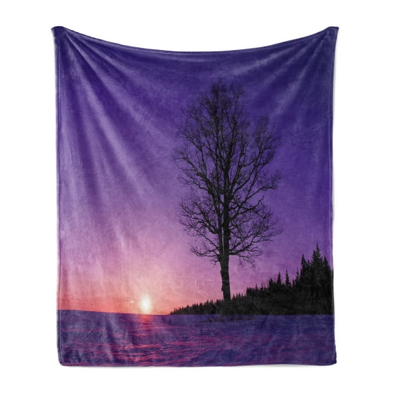 Tree Soft Flannel Fleece Throw Blanket, Oak Tree at Sunset Snowy Field Wintertime Nature Landscape Wilderness Scene Print, Cozy Plush for Indoor and Outdoor Use, 50" x 70", Purple Black, by Ambesonne