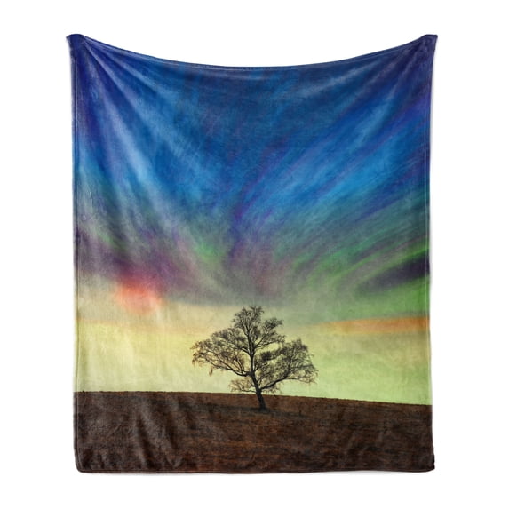 Tree Soft Flannel Fleece Throw Blanket, Only Tree in Field Under Colorful Surreal Dramatic Sky Springtime Art, Cozy Plush for Indoor and Outdoor Use, 70" x 90", Blue Lime Brown, by Ambesonne