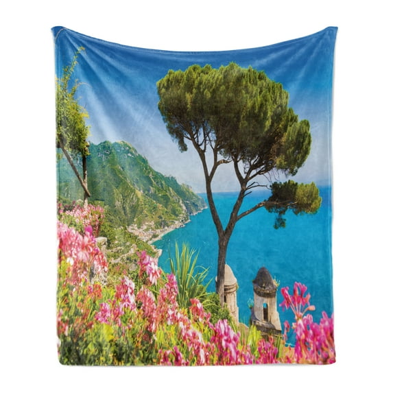 Tree Soft Flannel Fleece Throw Blanket, Picture of the Famous Amalfi Coast with Gulf Salerno Campania Italy, Cozy Plush for Indoor and Outdoor Use, 50" x 70", Azure Blue Multicolor, by Ambesonne