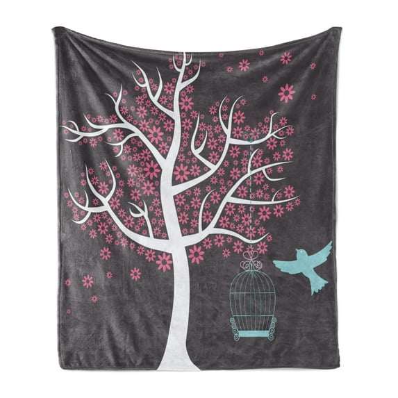 Tree Soft Flannel Fleece Throw Blanket, Seafoam Cage and a Bird Flowers for Leaves Nature Freedom Theme, Cozy Plush for Indoor and Outdoor Use, 50" x 60", Grey Pink Pale Grey, by Ambesonne