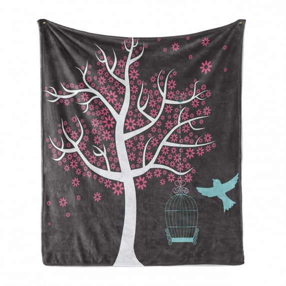 Tree Soft Flannel Fleece Throw Blanket, Seafoam Cage and a Bird Flowers for Leaves Nature Freedom Theme, Cozy Plush for Indoor and Outdoor Use, 50" x 70", Grey Pink Pale Grey, by Ambesonne