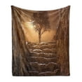 thumbnail image 1 of Tree Soft Flannel Fleece Throw Blanket, Treet Entrance with Stone Stairs Sun Rays Cloudy Sky Winter Landscape Monochromic View, Cozy Plush for Indoor and Outdoor Use, 50" x 60", Brown, by Ambesonne, 1 of 5