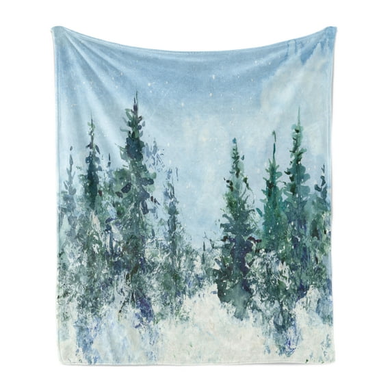 Tree Soft Flannel Fleece Throw Blanket, Watercolor Artwork of a Woodland Scene, Cozy Plush for Indoor and Outdoor Use, 70" x 90", Pale Sky Blue Pale Teal, by Ambesonne